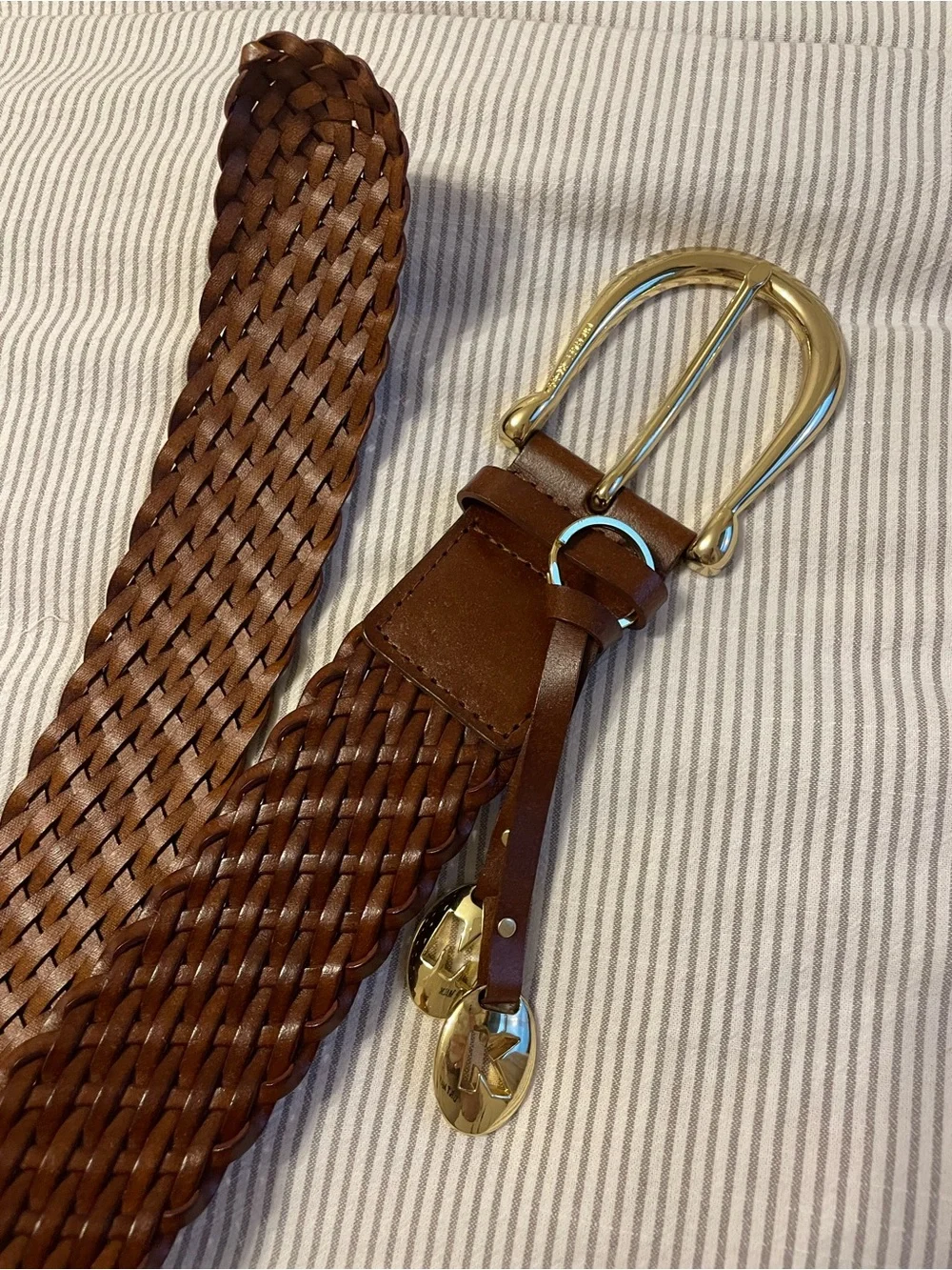 MICHAEL Michael Kors Brown Woven Leather Belt with Gold Buckle